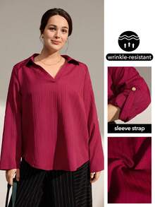 Momelise Christmas Plus Size Women Solid Color Roll-Up Sleeve Casual Loose Blouse - Red - View 1