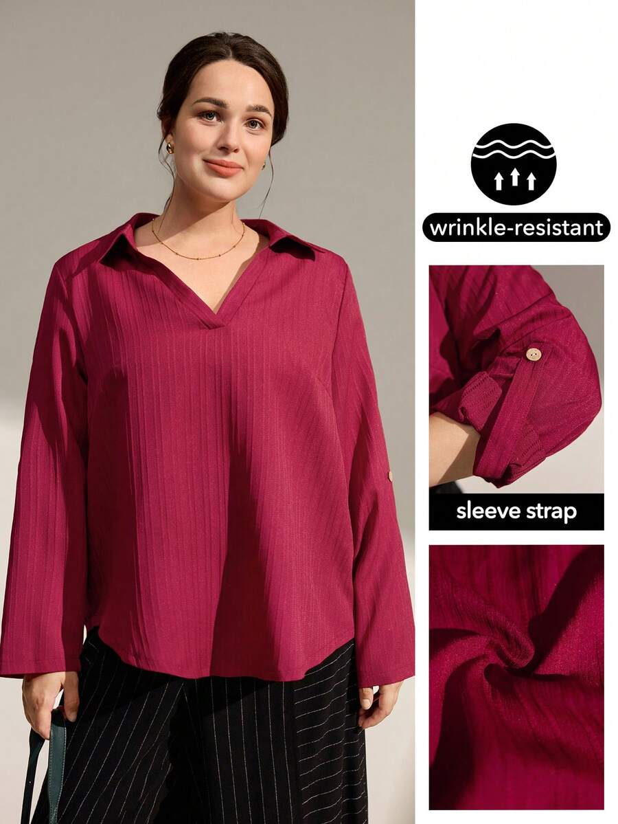 Momelise Christmas Plus Size Women Solid Color Roll-Up Sleeve Casual Loose Blouse - Red - View 1