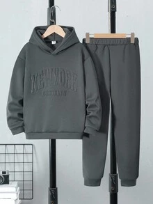 SHEIN Vacaura 2pcs/Set Boys Casual Hooded Sweatshirt And Sweatpants Knit Set, Autumn/Winter - Dark Grey - View 3