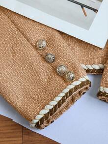 Franclia Women's Khaki Tweed Patchwork Lined Short Jacket, Commuting Chic, Autumn/Winter - Orange - View 4