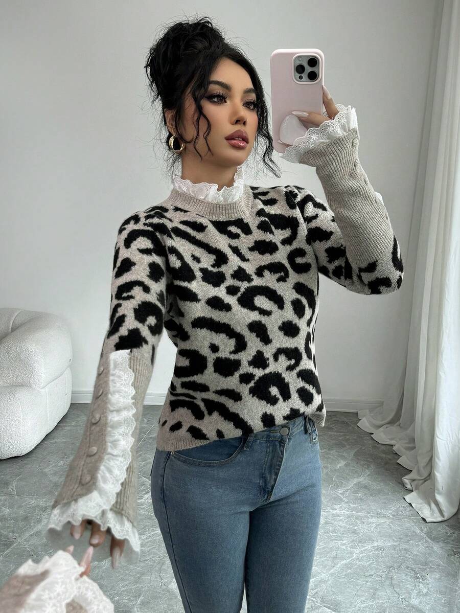 Elenzga New European & American Fashion Mixed Color Elegant Versatile Handmade Button Lace Trim Knit Sweater Top - Multicolor - View 1