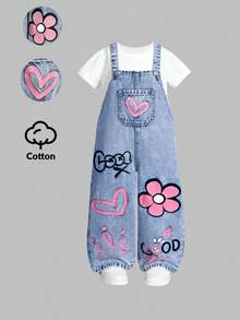 SHEIN ChillGRL 女童新款花卉、爱心、彩虹涂鸦时尚休闲舒适柔软牛仔连体裤 - 淺色水洗藍 - 查看 4