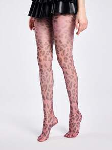 ROMWE 1 Pair Gothic Style Dark Plaid & Leopard Print Tights - Purple - View 5