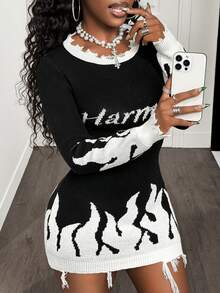 BamGleam Women's Sweaters, Dresses, Knitted Long Sleeves, Black And White Color Spots, Horse Patterns, Rough Edges, Letter Designs, Slim Fit, Sexy Vacation Travel, Leisure Parties, Women's Clothing, Spring And Autumn Styles, Summer, Winter, Autumn,Winter Outfit For Women,Elegant Dresses For Women,Elegant Dress Women,Casual Women's Dresses,Casual Dresses For Women,Casual Dress For Women,Casual Dress,Black And White Dress, - Black and White - View 6