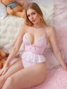 SHEIN Bộ đồ lót liền thân nữ bằng vải voan hồng và ren trắng, tôn lên nét ngọt ngào và lãng mạn - Hồng - Xem 5