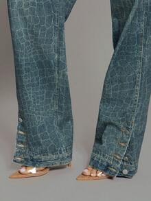 Denimoi Jeans dritti con bottoni, spacchi alla caviglia e stampa, moda streetwear adatta per concerti - Blu lavato medio - Visualizzare 5