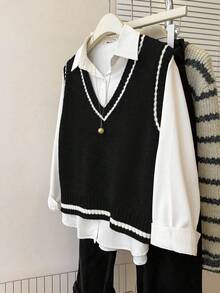 Franclia 法式复古宽松V领无袖针织撞色滚边灰色女式毛衣背心，适合秋冬季叠穿 - 黑色 - 查看 3