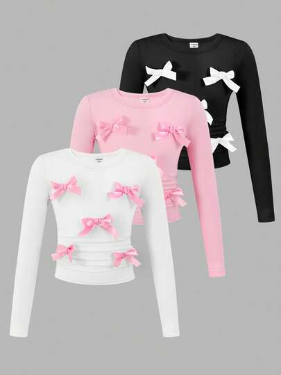 SHEIN Genkimix Kids Young Girl' Classic Casual Loose Fit Solid Color Round Neck Long Sleeve T-Shirt, Comfortable & Fashionable, Suitable For Travel, Spring & Autumn