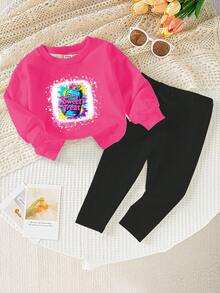 Young Girls Light Pink Splatter Paint & Can Tab Letter Print Long Sleeve Sweatshirt Set For Autumn,Back-To-School,Career Day,Outdoor Sports Wear - Multicolor - View 3