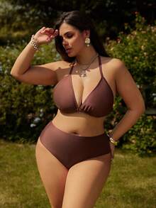 Swim Vcay Plus Size Vintage Random Print Maillard Color Casual Minimalist Resort Style Women Swimwear Set - Brown - View 4