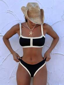 Swim Basics Bộ đồ bơi bikini hở lưng cao 2 mảnh nhiều màu đen trắng, đồ bơi đi biển cho nữ - Đen và trắng - Xem 1