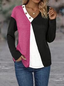 SHEIN LUNE Áo thun hở vai họa tiết nút bấm phối màu dành cho nữ - Màu Hồng Tươi - Xem 5