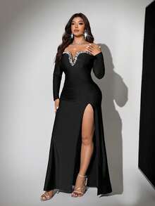 Viva Relle 加大码露肩V领串珠长袖前开衩露背正式礼服，黑色优雅舞会礼服，适合婚礼宾客、毕业典礼、正式晚宴、派对、情人节等场合。 - 黑色 - 查看 5