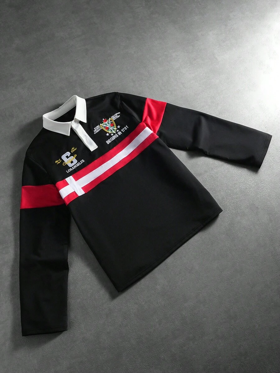 PAVTROS Aesthetic Post--Men's Striped & Letter Print Color Block Long Sleeve Polo Shirt Men's College Style Men Shirts Rugby For - Multicolor - View 1