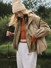 Medorelle Áo khoác trùm đầu dài tay có dây rút, eo thun, trễ vai thời trang dành cho nữ - màu nâu - Xem 5