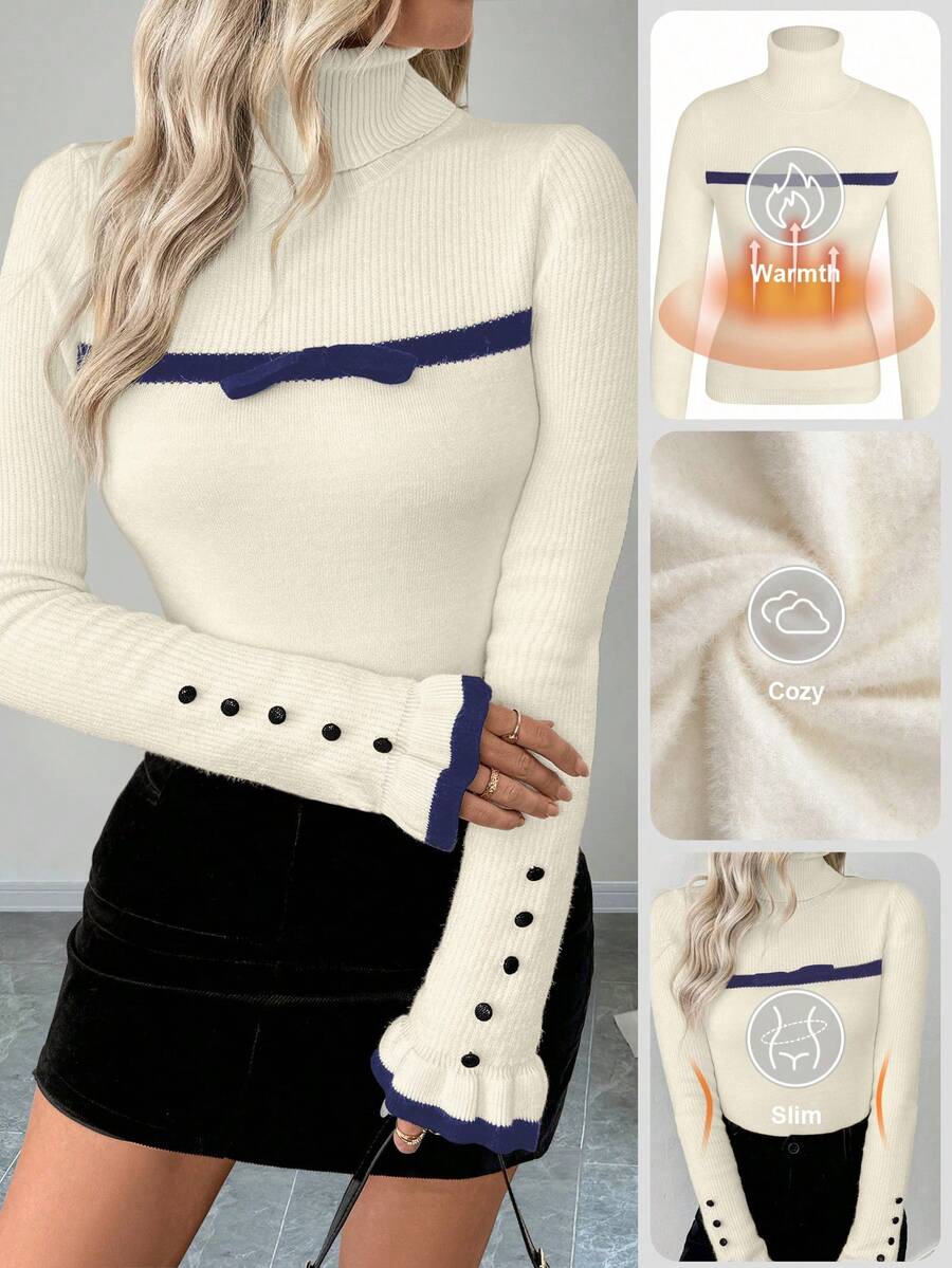 RosyDaze Sweater Rajut Lengan Panjang Wanita Model Turtleneck dengan Kancing dan Rumbai, Dilengkapi Pita dan Lapisan Termal yang Pas di Badan - MultiWarna - View 1