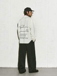 PAVTROS 男士标语条纹落肩长袖单排扣休闲宽松衬衫 - 白色 - 查看 4