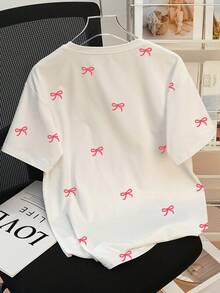 SHEIN Women Bow Printed Round Neck Short Sleeve Casual T-Shirt - Multicolor - View 1