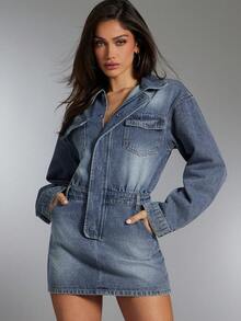 Denimoi 束腰牛仔布翻盖口袋按扣牛仔迷你连衣裙 - 中等水洗藍 - 查看 3