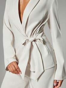 Hauture Áo khoác vest công sở đơn giản thanh lịch cổ sâu phía trước và thắt nơ bên hông dành cho nữ - Màu be - Xem 6