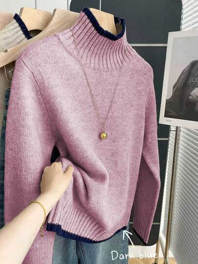 Franclia French Retro Loose High Neck Long Sleeve Contrast Trim Knit Pullover Sweater For Women, Autumn/Winter
