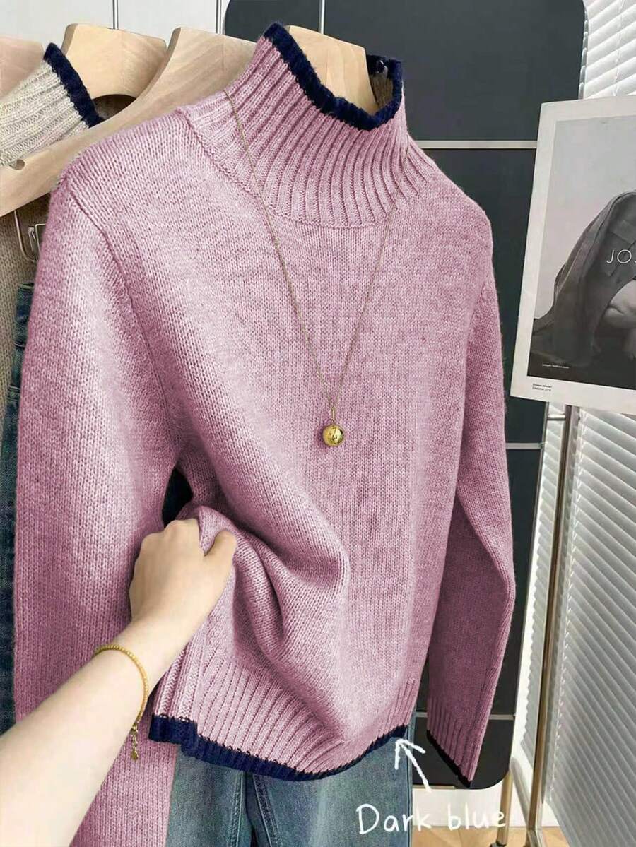 Franclia French Retro Loose High Neck Long Sleeve Contrast Trim Knit Pullover Sweater For Women, Autumn/Winter - Pink - View 1