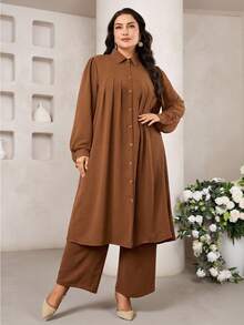 Veilorie Plus Size Women's Casual Solid Color Front Button Long Sleeve Top And Pants Arabic Style Set, Autumn - Brown - View 4