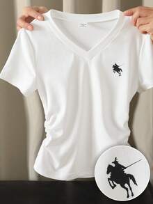 SHEIN Tween Girls' Casual Minimalist Horse Logo V-Neck Ruffle T-Shirt, Spring/Summer/Autumn/Winter - White - View 1