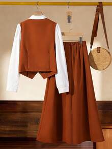 SHEIN Conjunto Elegante com Top de Manga Longa com Babados e Botões na Frente em Cores Contrastantes e Saia Mini Sólida para Adolescentes