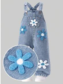 SHEIN Quần yếm denim giặt cho bé gái, bộ đồ liền thân rộng rãi in hoa - Màu xanh lam - Xem 2