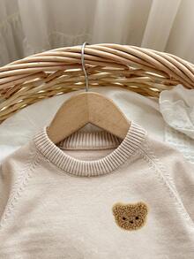 SHEIN 2件套婴儿男女童可爱提花卡通动物图案针织柔软圆领长袖毛衣和裤子套装，秋冬季 - 卡其色 - 查看 9