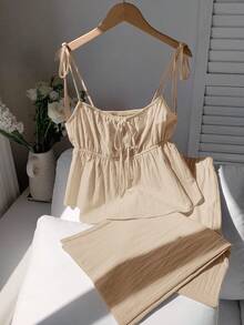 Comfortcana 女士梭织棉休闲度假卡其色吊带背心和裤子套装 - 卡其色 - 查看 4