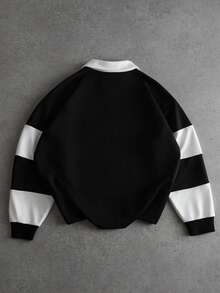 PAVTROS Men's Fashion Striped Long Sleeve Casual Loose Polo Shirt.Streetwear,Friends,Matching,Baggy,For Men,Graphic,Japanese Style,Unisex,I Love My Girlfriend - Black and White - View 2