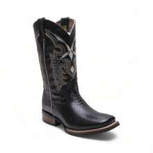 Bota Vaquera Clásica para Hombre - Estilo 0203 - Bordado  Elegante en Caña - Punta Semi-Cuadrada y Tacón Vaquero Cubano - Calzado de Fiesta y Rodeo de Alto Impacto. - Negro - Ver 2