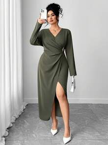 Elenzga Váy xẻ tà cổ chữ V màu trơn thanh lịch cỡ lớn cho nữ - xanh quân đội - Xem 7