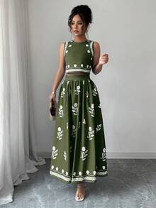 Elenzga 女士花卉印花圆领无袖上衣和百褶迷你裙两件套，时尚 - 軍綠色 - 查看 5