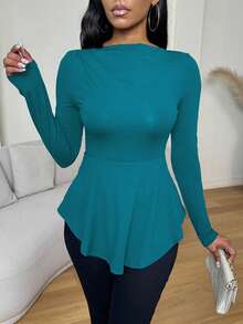 Zolique Solid Black Off Shoulder Ruffle Hem Slim Fit Long Sleeve Women T-Shirt, Black Top, Fall Clothes, Fall Women Outfits, Flared - Navy Blue - View 5