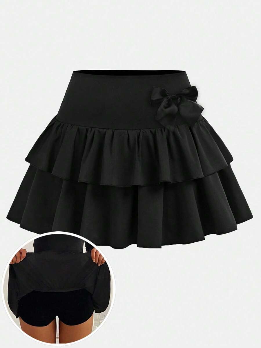 SHEIN 少女休闲、运动、上学、返校季,黑色荷叶边下摆短裤搭配伞裙,春夏装 - 黑色 - 查看 1