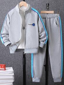 SHEIN Vacaura Tween Boy Letter Graphic Contrast Tape Raglan Sleeve Jacket & Sweatpants Without Tee Chic Outfits For Autumn/Winter - Grey - View 6