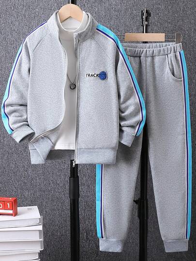 SHEIN Vacaura Tween Boy Letter Graphic Contrast Tape Raglan Sleeve Jacket & Sweatpants Without Tee Chic Outfits For Autumn/Winter