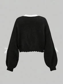 ROMWE Kawaii Áo khoác len cardigan tay dài cài nút họa tiết nốt nhạc mùa thu dành cho nữ - màu đen - Xem 2