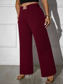 Femmeverse Plus Size Elegant Burgundy Solid Color Wide Leg Pants, Suitable For Commuting,Party,Office,Christmas,Thanksgiving Day,Light,Night Out For Women In Fall/Winter