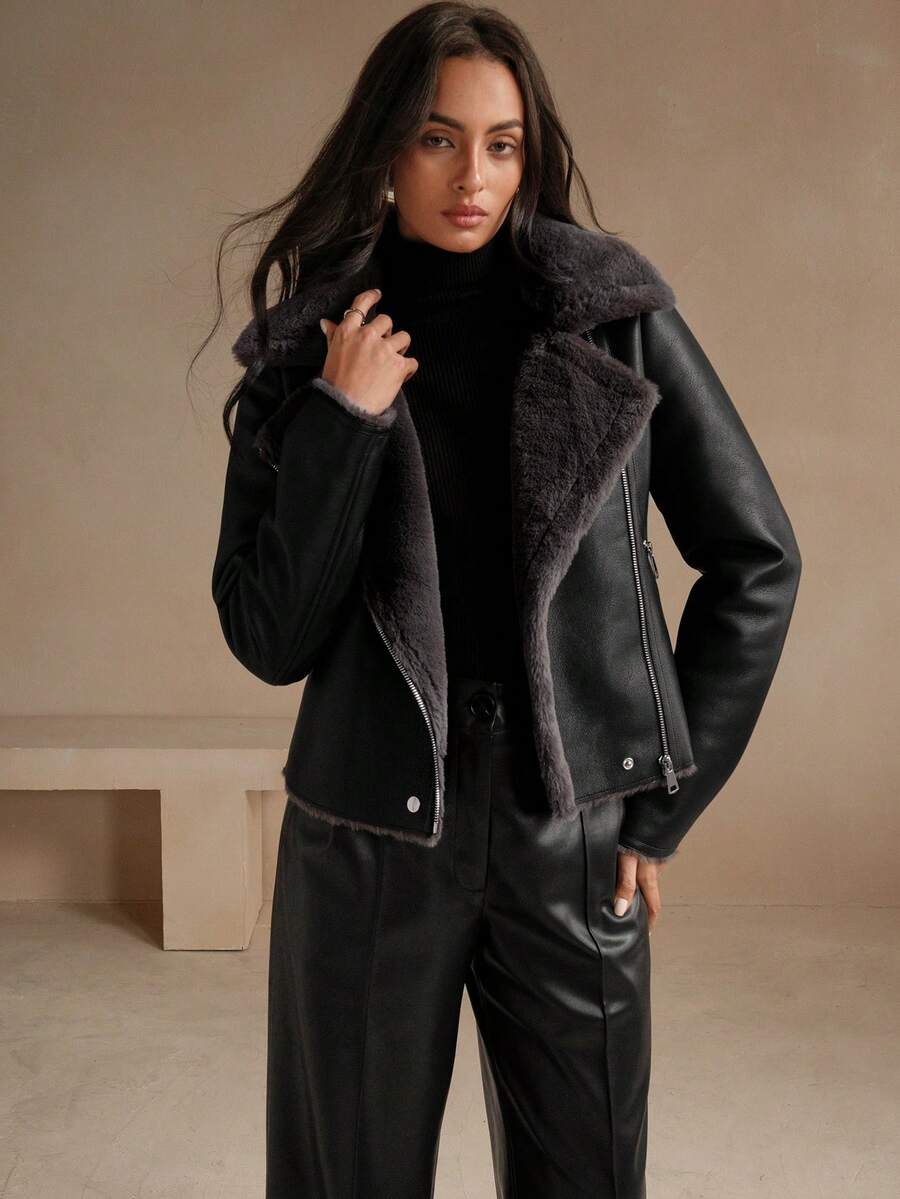 Anewsta 女式黑色 PU 皮革复合仿兔毛领夹克
