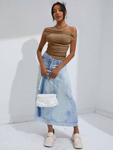 EMERY ROSE Solid Ruched Side Asymmetrical Neck Crop Top  - Mocha Brown - View 4