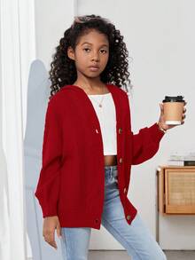 SHEIN 少女休闲宽松连帽长袖开衫毛衣，女童毛衣外套，大码针织开衫，少女夏季外套，秋冬季大地色系服装 - 紅色 - 查看 6