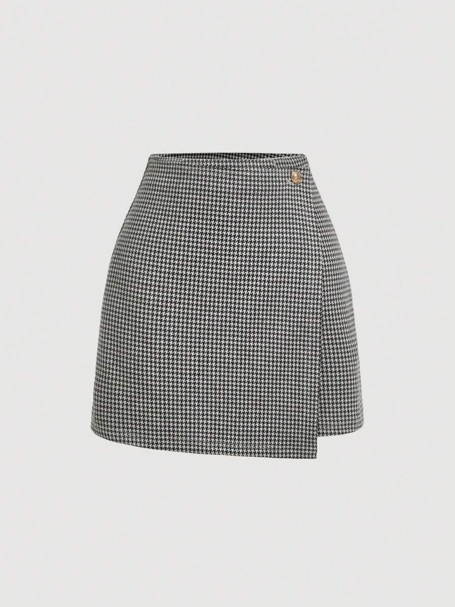 SHEIN MOD Houndstooth Print A-Line Mini Skirt, Holiday Party Women Skirt, New Year, Holiday - Grey - View 1
