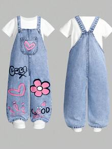 SHEIN ChillGRL 女童新款花卉、爱心、彩虹涂鸦时尚休闲舒适柔软牛仔连体裤 - 淺色水洗藍 - 查看 5