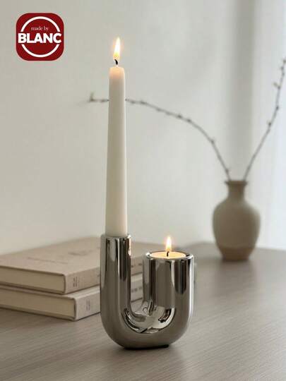 Madebyblanc Luxury Silver Ceramic Candle Holder Decor, Ins Style Candlelight Dinner Props Candle Stand Home Tabletop Decoration