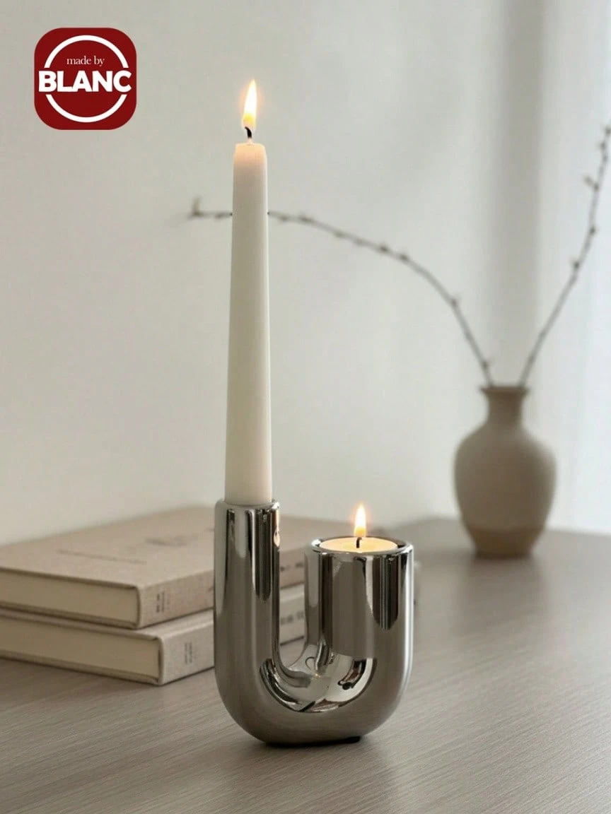 Madebyblanc Luxury Silver Ceramic Candle Holder Decor, Ins Style Candlelight Dinner Props Candle Stand Home Tabletop Decoration