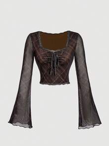 SHEIN MOD Áo thun nữ cổ vuông kẻ caro tay chuông, Quần áo mùa thu, Halloween, Áo thun tay chuông, Tay dài thoải mái, Áo đi chơi, Áo thun ôm sát, Áo có tay, Giáng sinh - màu nâu - Xem 6